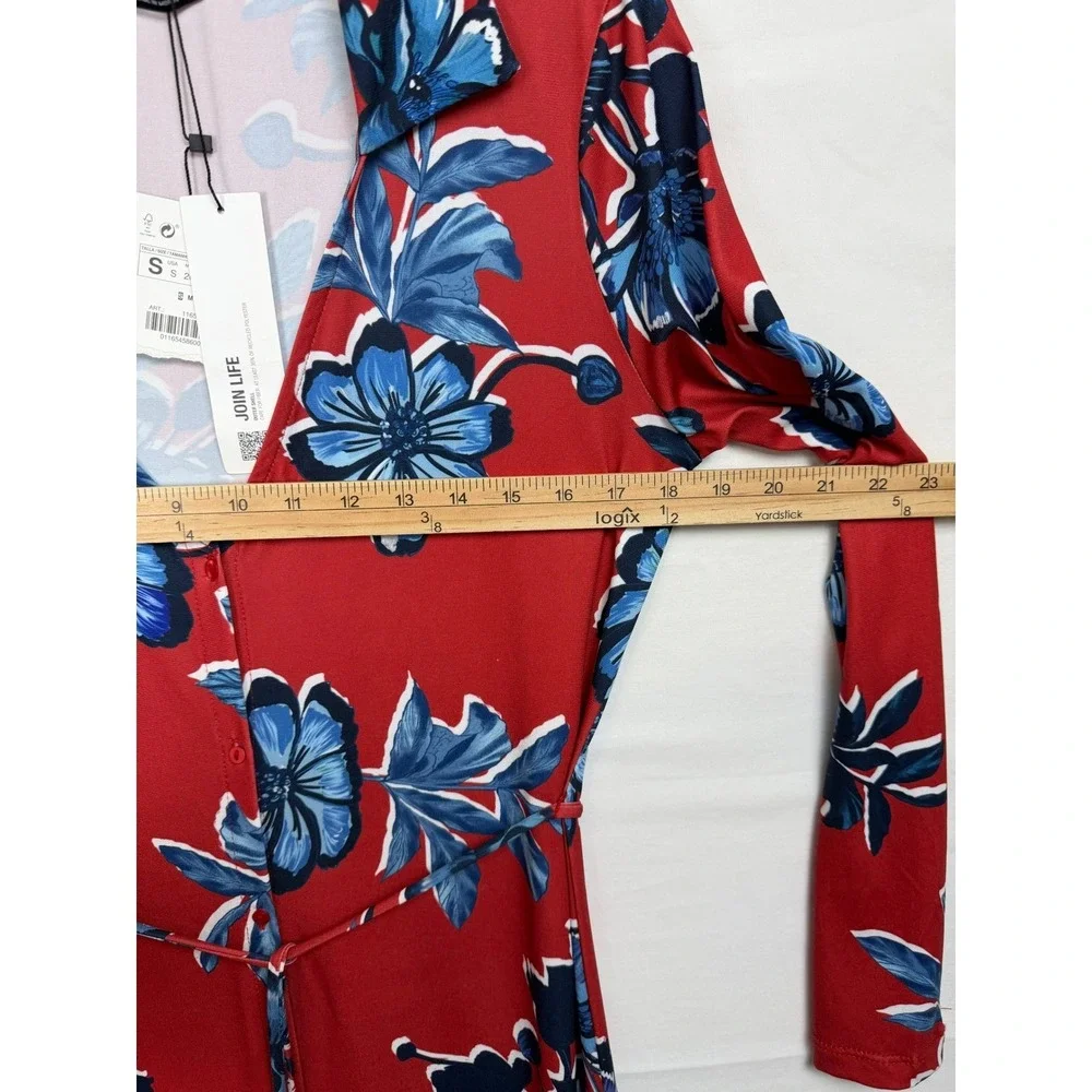 Zara Red Blue Floral Long‎ Sleeve Button Front Midi Dress Small Colorful Boho
